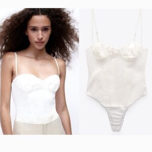 New Zara Corset Sweetheart Neckline Linen Blend White Bodysuit / Top NWT
